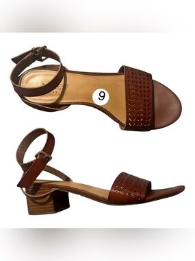 J. Crew Brown Leather Perforated Ankle Strap Block Heel Sandals